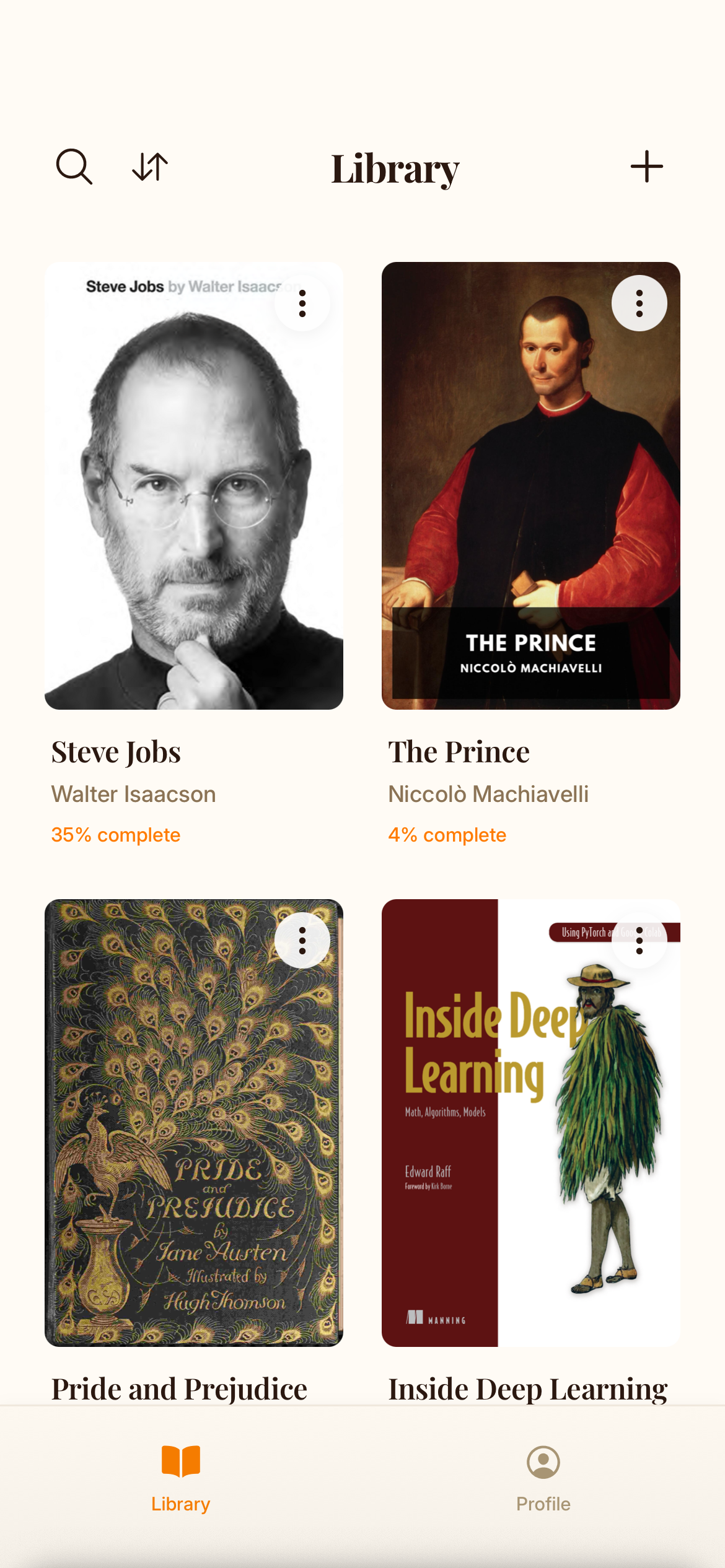 Mythos book library screen on iPhone showing uploaded books with reading progress