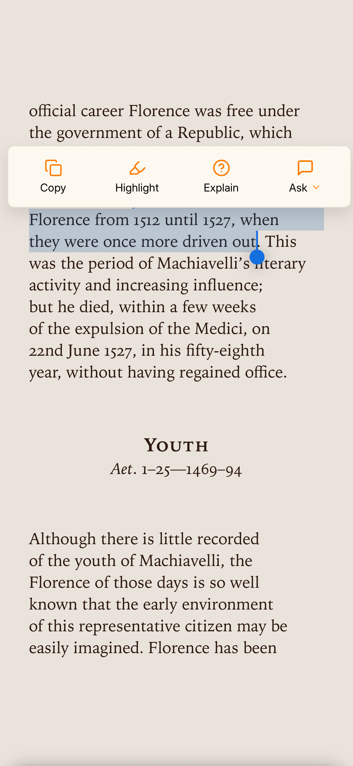 Mythos reading view showing text selection with AI action panel offering Copy, Highlight, Explain, and Ask